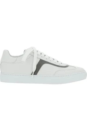 Brunello Cucinelli Schoenen, Dames, Wit, 38 1/2 EU, Leer, Witte Leren Sneakers met Monili Kettingdetail