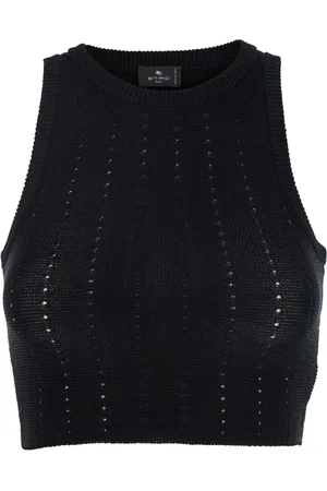 Etro Truien, Dames, Zwart, S, Katoen, Zwarte Gebreide Crop Top met Openwerk
