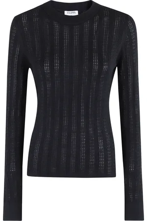 Filippa K Tops, Dames, Zwart, S, Katoen, Zwart Kant Gebreide Top Lange Mouw