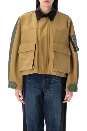 SACAI Jassen, Dames, Bruin, S, Nylon, Beige Khaki Velvet Kraag Blouson Buitenkleding