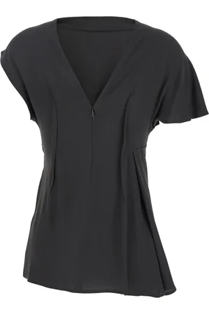 SEMICOUTURE Blouses & Shirts, Dames, Zwart, L, Grijze Korte Mouwen Crepe Top