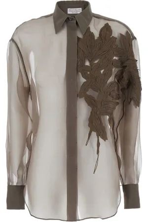 Brunello Cucinelli Blouses & Shirts, Dames, Bruin, L, Bruine Zijden Shirt met Borduurwerk
