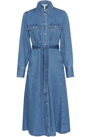 Part Two Kleedjes, Dames, Blauw, L, Denim, Blauwe Denim Jurk met Knoopsluiting