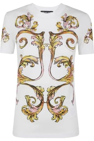 VERSACE Tops, Dames, Wit, S, Katoen, Barok Print Wit T-shirt Slim Fit