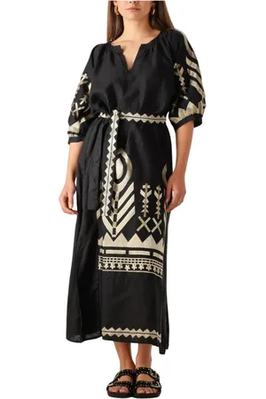 Greek Archaic Kori Kleedjes, Dames, Zwart, L, Denim, Zwarte Maxi Jurk voor Zomerse Stijl