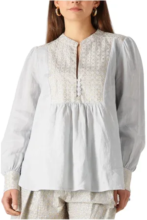 Greek Archaic Kori Blouses & Shirts, Dames, Blauw, M, Linnen, Lichtblauwe Linnen Blouse