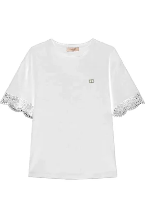 Twin-Set Tops, Dames, Wit, L, Katoen, Katoenen kant T-shirt