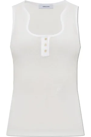 Salvatore Ferragamo Tops, Dames, Wit, M, Katoen, Geribbelde top