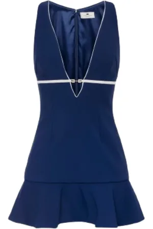 Elisabetta Franchi Kleedjes, Dames, Blauw, M, Wol, Blauwe Mouwloze V-Hals Jurk met Volants