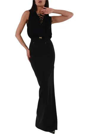 Elisabetta Franchi Kleedjes, Dames, Zwart, M, Lange Crêpe Jurk met Georgette Veters