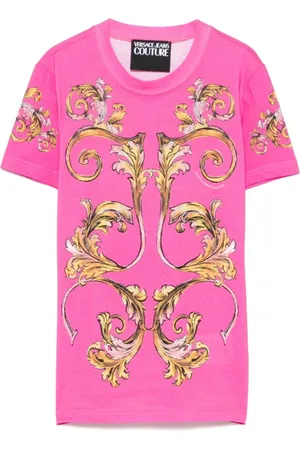 VERSACE Tops, Dames, Roze, M, Katoen, Barok Print T-shirt Donkerroze Korte Mouw