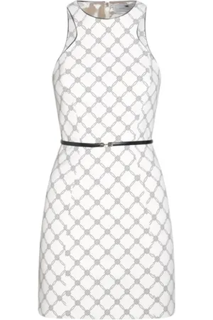 Elisabetta Franchi Kleedjes, Dames, Wit, L, Mouwtjesloze jurk met diamantprint en riem
