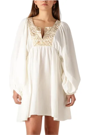 Greek Archaic Kori Kleedjes, Dames, Wit, M, Linnen, Witte Linnen Mini Jurk