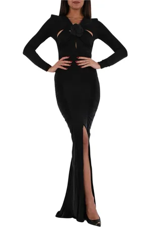 Elisabetta Franchi Kleedjes, Dames, Zwart, XL, Lange Jersey Jurk met Cut-Out en Staart