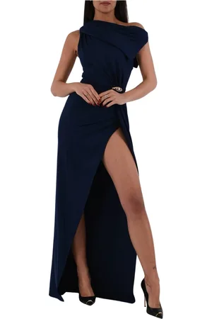 Elisabetta Franchi Kleedjes, Dames, Blauw, 2Xl, Asymmetrische Jersey Jurk met Juweelversiering