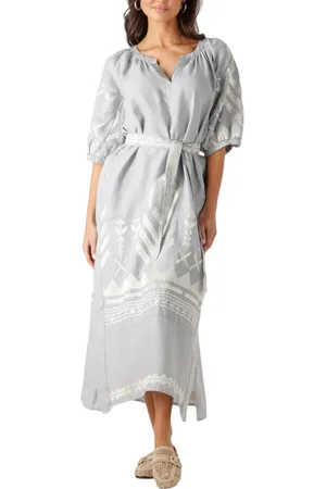 Greek Archaic Kori Kleedjes, Dames, Grijs, S, Denim, Lichtgrijze Maxi Jurk voor de Zomer
