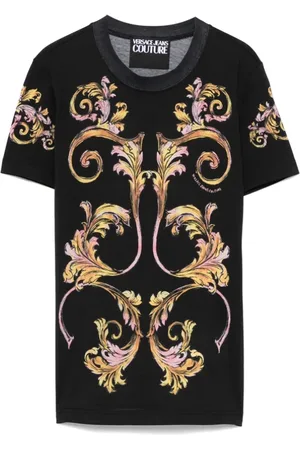 VERSACE Tops, Dames, Zwart, M, Katoen, Barok Print T-shirt Zwart Korte Mouw