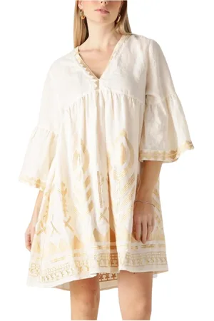 Greek Archaic Kori Kleedjes, Dames, , L, Denim, Ecru Mini Jurk voor Zomerse Dagen