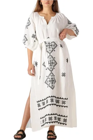 Greek Archaic Kori Kleedjes, Dames, Wit, L, Linnen, Witte linnen maxi jurk