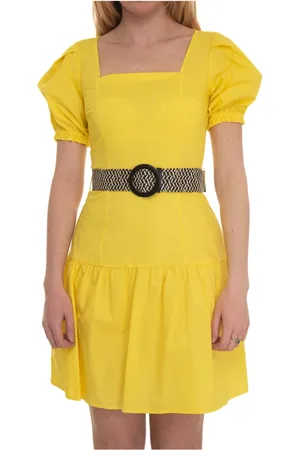 Liu Jo Kleedjes, Dames, Geel, S, Katoen, Mini Jurk met Pofmouwen en Riem
