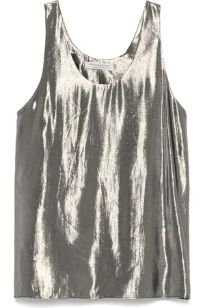 Serafini Tops, Dames, Grijs, S, Groene mouwloze top met gouden scoop hals