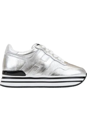 Hogan Schoenen, Dames, Grijs, 34 EU, Leer, Laminated Leather Lace-Up Sneakers