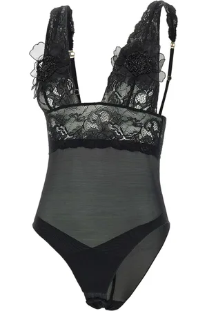 Elisabetta Franchi Tops, Dames, Zwart, S, Organza, Zwart Kant Body met Organza Bloemen