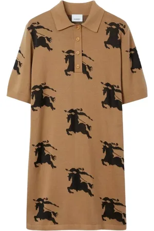 Burberry Kleedjes, Dames, Bruin, M, Katoen, Bruine Polo Jurk met Ridder Graphics