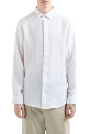Armani Exchange Overhemden, Heren, Wit, M, Linnen, Wit Linnen Overhemd met Lange Mouwen