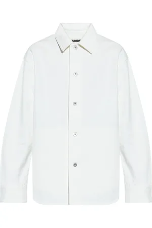 Jil Sander Jassen, Heren, Wit, S, Denim, Witte Denim Shirt Stijlvol Leren Patch