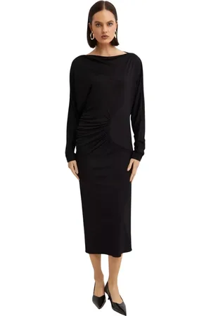 Khaite Kleedjes, Dames, Zwart, L, Leer, Zwarte Maxi Jurk Vleermuismouwen Boothals