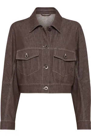Brunello Cucinelli Jassen, Dames, Bruin, M, Denim, Twill jas met denim-effect en Monili