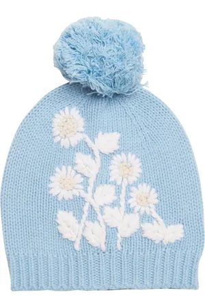 LOVESHACKFANCY Accessoires, Dames, Blauw, ONE Size, Katoen, Blauwe Bloemen Geborduurde Damesmuts