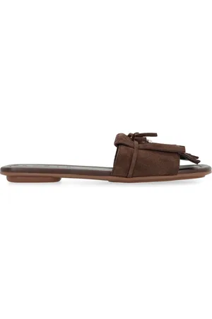 Hogan Schoenen, Dames, Bruin, 36 EU, Leer, Platte sandalen met franjes en logo