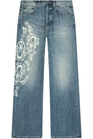 Dondup Jeans, Dames, Blauw, W27, Denim, Wijde Spijkerbroek met Tribal Borduurwerk