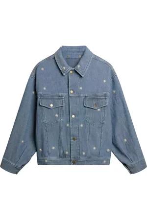 Golden Goose Jassen, Dames, Blauw, S, Katoen, Blauwe geborduurde bloemige spijkerjas