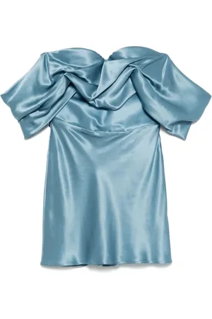 GIUSEPPE DI MORABITO Kleedjes, Dames, Blauw, S, Leer, Off-Shoulder Lichtblauwe Jurk