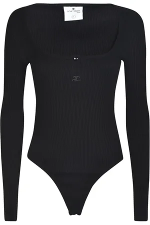 Courrèges Tops, Dames, Zwart, M, Katoen, Zwart Logo-Geborduurd Henley Bodysuit