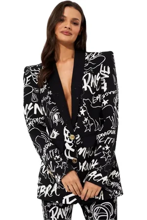 Camilla Jassen, Dames, Zwart, M, Leer, Zwarte Spirit Scribble Patroon Blazer