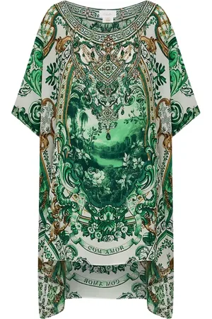 Camilla Badkleding, Dames, Groen, ONE Size, Groene zijden tuniek met kristalversieringen