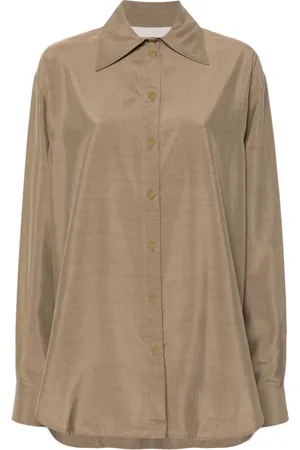 Quira Blouses & Shirts, Dames, Bruin, S, Zijdeblend Oversized Geknoopt Overhemd