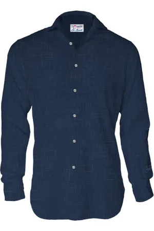 MC2 SAINT BARTH Overhemden, Heren, Blauw, M, Linnen, Linnen herenshirt met Franse kraag