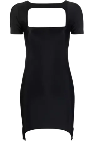 Courrèges Kleedjes, Dames, Zwart, L, Polyester, Zwarte Mini Jurk met Vierkante Halslijn