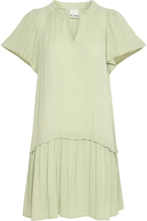 Ichi Kleedjes, Dames, Groen, XL, Jurk met ruches en V-hals