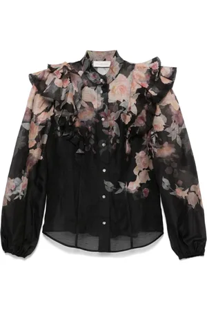 ZIMMERMANN Blouses & Shirts, Dames, Zwart, S, Linnen, Crush Flower Print Blouse