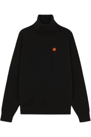 Kenzo Truien, Heren, Zwart, S, Wol, Zwarte coltrui met hoge hals en Boke Flower embleem
