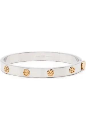 Tory Burch Accessoires, Dames, Grijs, M, Double T Motif Logo Studs Armband