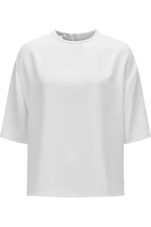 Vince Tops, Dames, Wit, XS, Polyester, Witte Crepe Blouse Ronde Hals Korte Mouwen