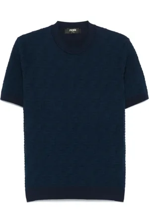 Fendi Tops, Heren, Blauw, M, Geborduurd Ronde Hals T-shirt Blauw