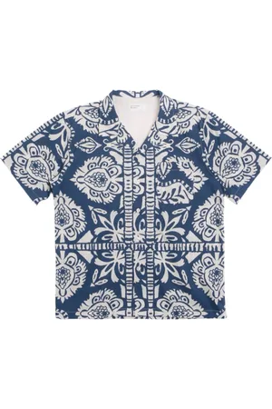 Universal Works Overhemden, Heren, Blauw, M, Katoen, Navy Island Print Road Shirt